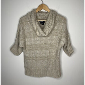 Its Our Time Womens Size M Tan Gold Sparkle Short Sleeve Sweater Knit Cowl Neck